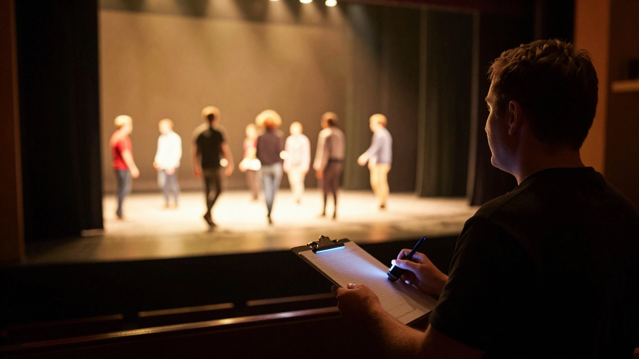 View from stage wings showing actors performing and backstage crew
