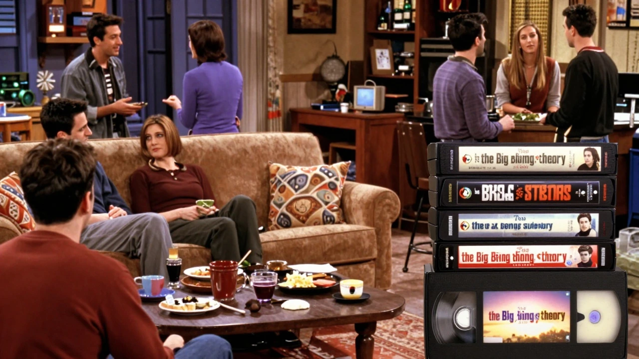 Warm collage of classic sitcom living rooms and media formats