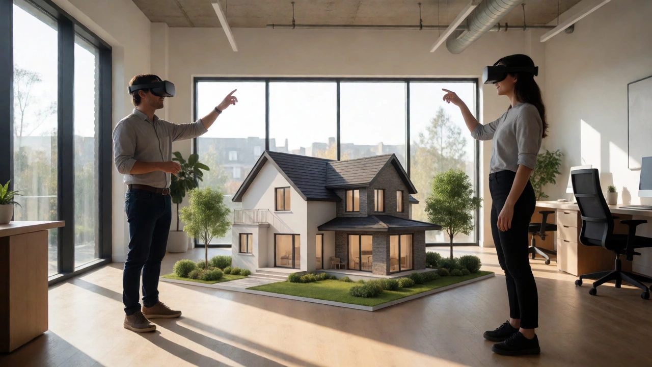 Architects collaborating on a 3D building model using VR headsets