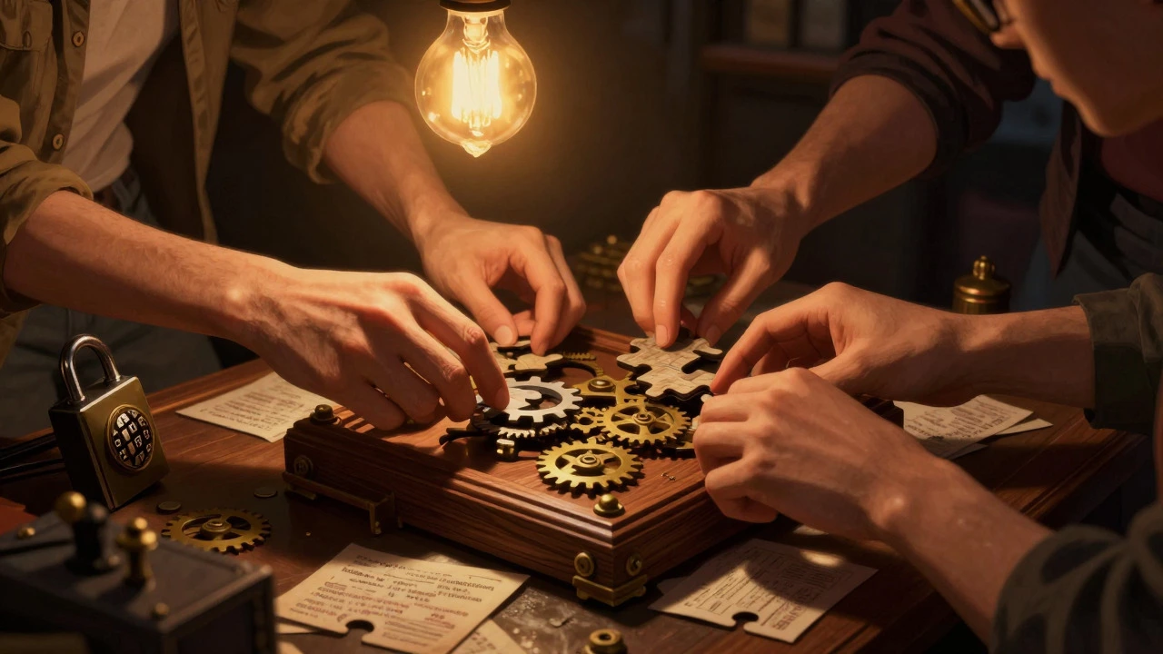 Close-up of hands solving a mechanical puzzle lock in an escape room