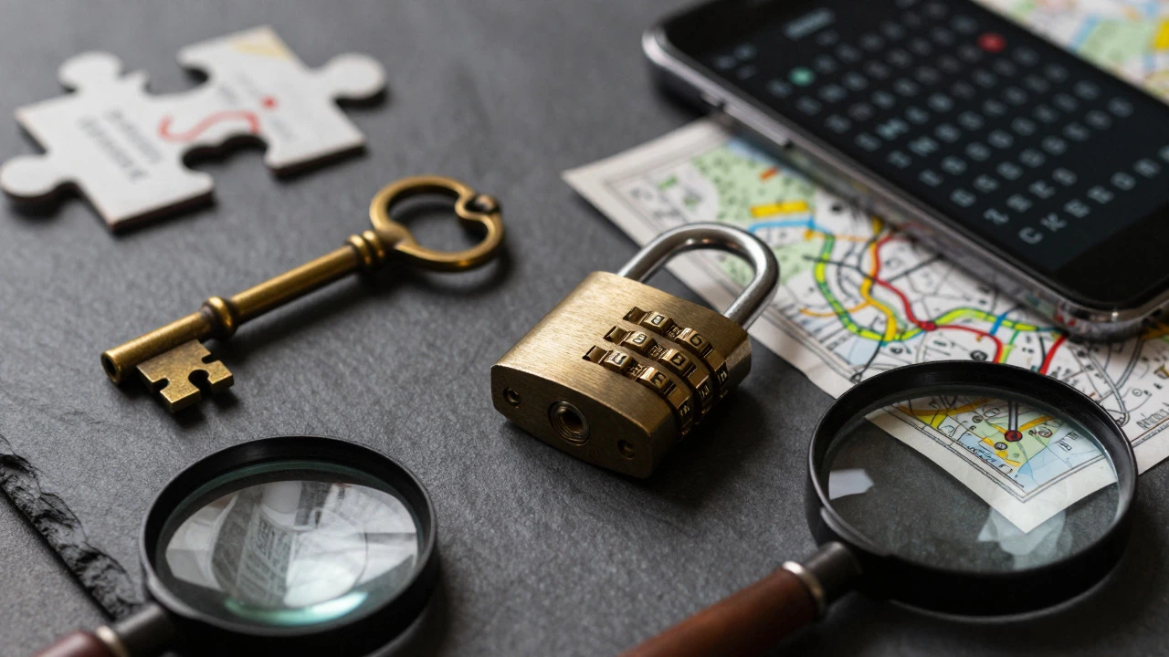 Close-up of keys, locks, and maps representing escape room puzzles.