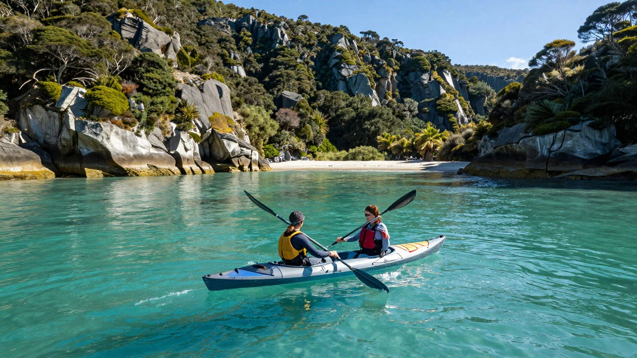 Couple kayaking in a calm, turquoise cove surrounded by lush coastal cliffs
