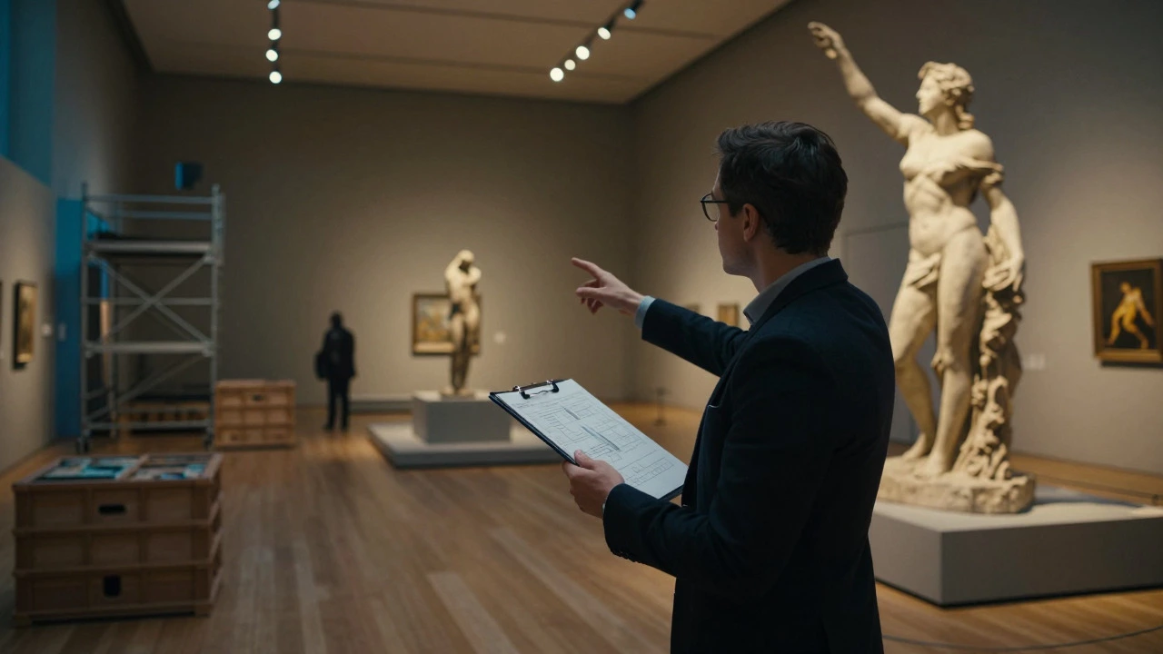 Curator inspecting artwork installation in a museum exhibition hall under dramatic lighting.