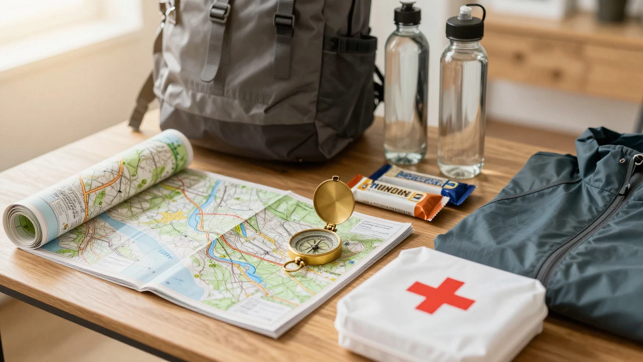 Essential hiking gear laid out on a wooden table