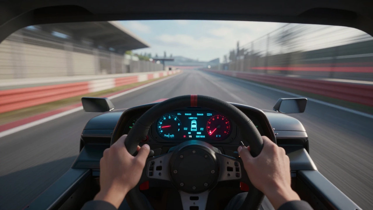 First-person view of a racing car cockpit in a VR simulation with hands on the wheel