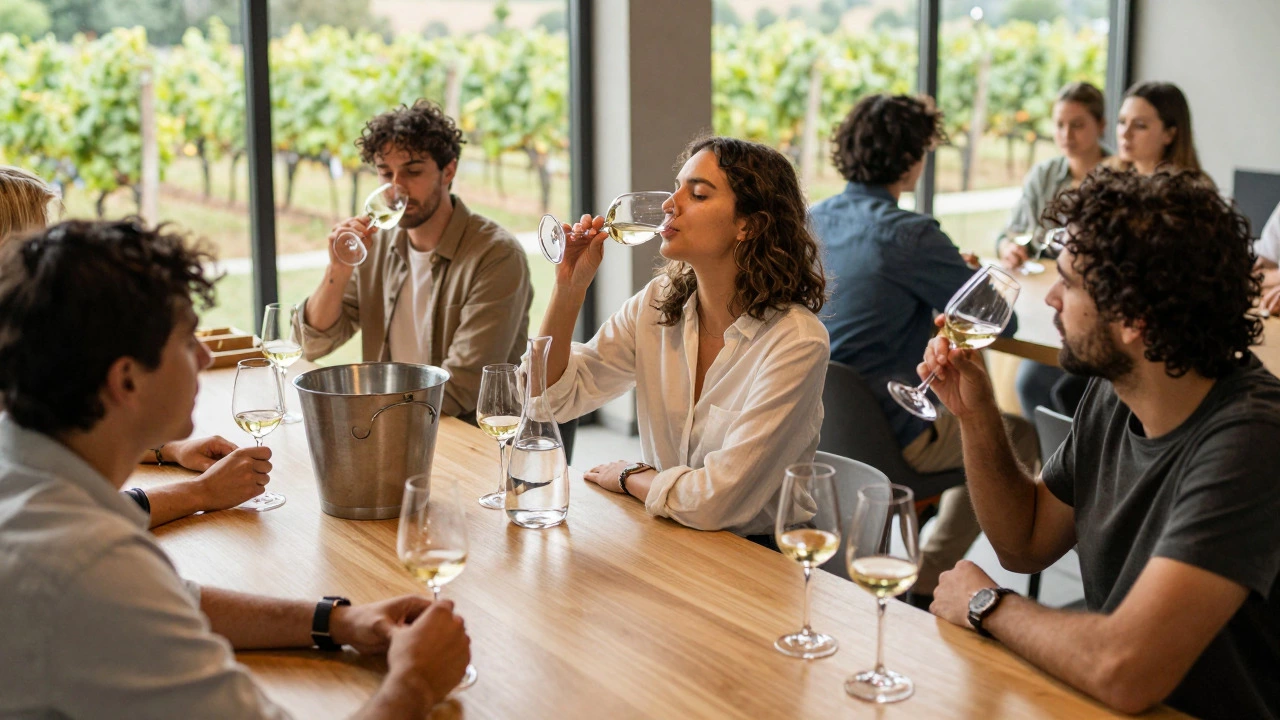 Friends discussing wine at a winery bar with water and spit bucket