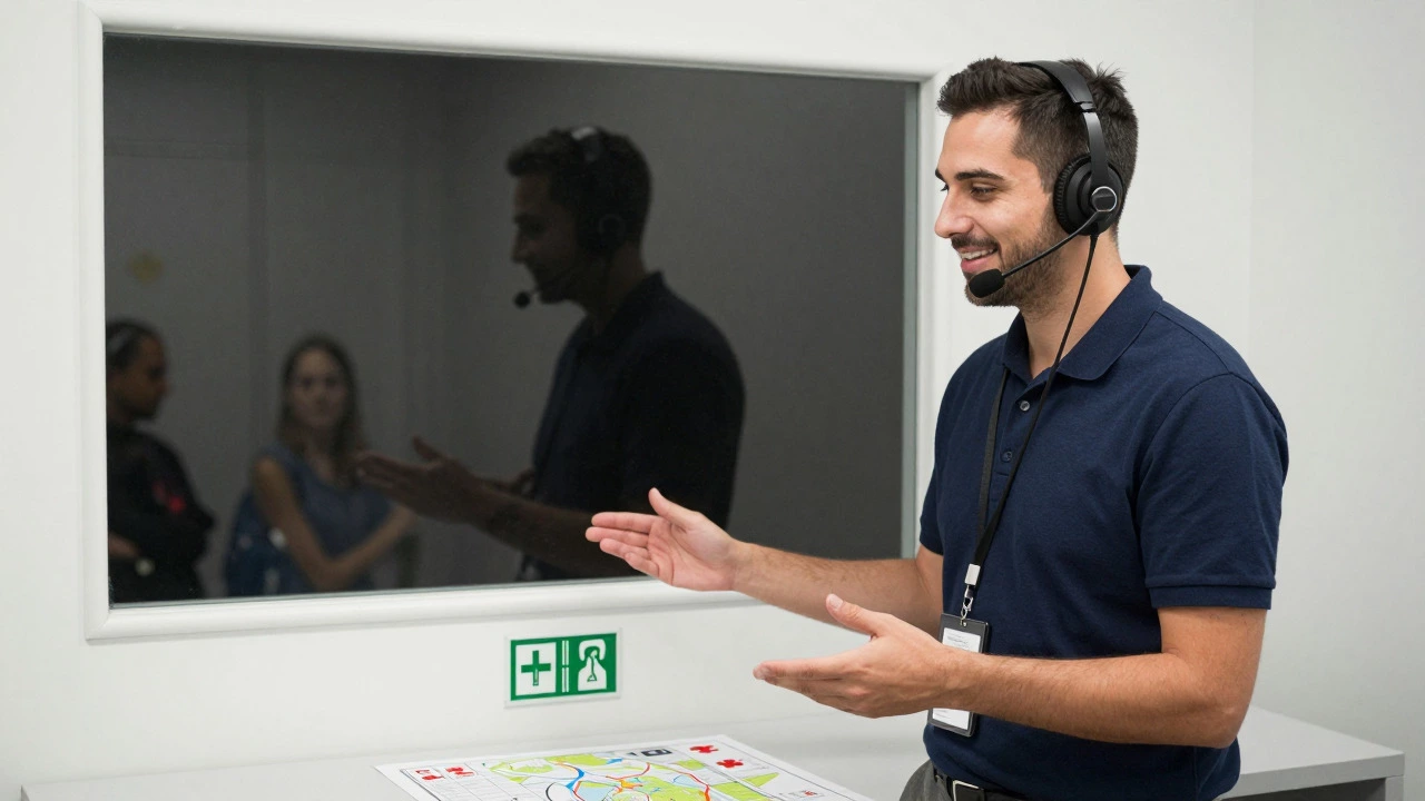 Game master monitoring players through glass window in control booth