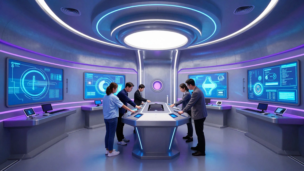 Group solving puzzles in a high-tech, neon-lit futuristic escape room.