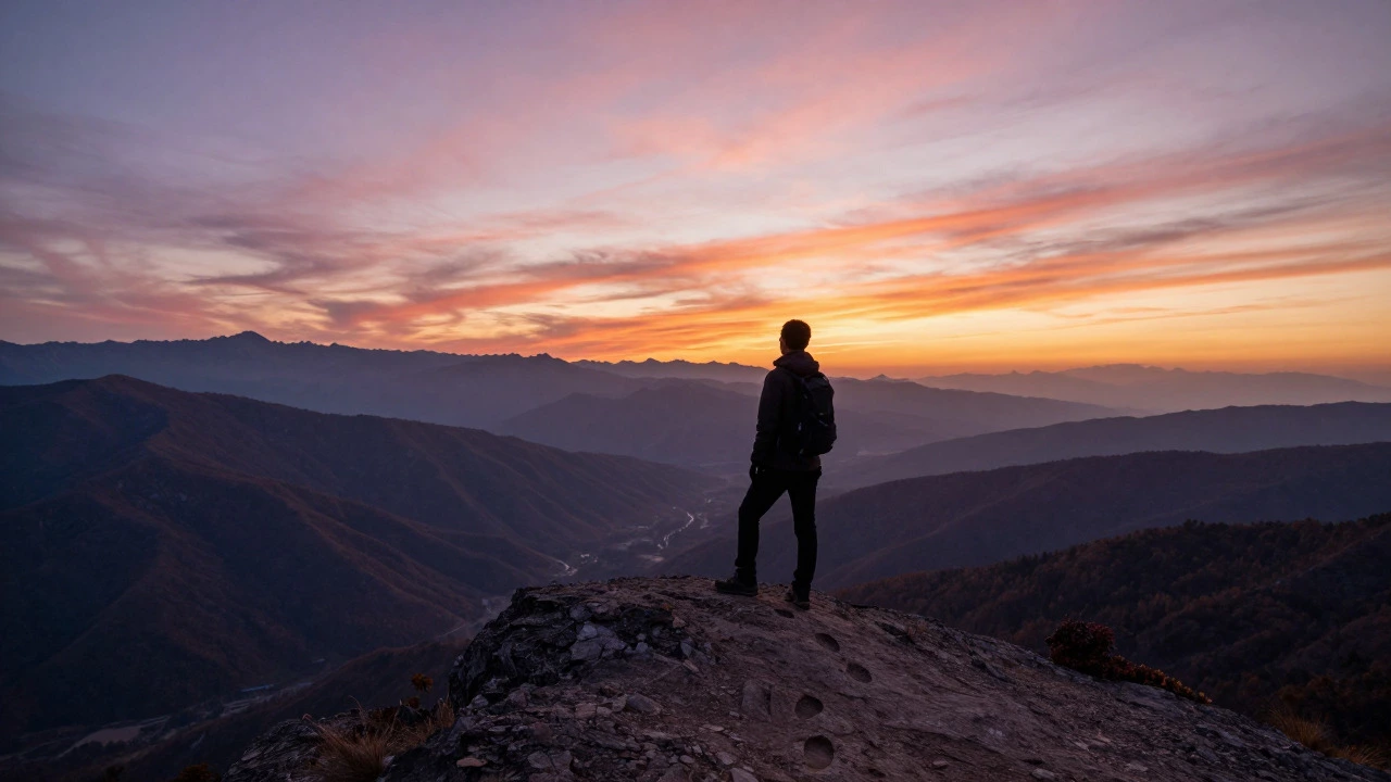 Hiker enjoying a panoramic mountain view at sunset