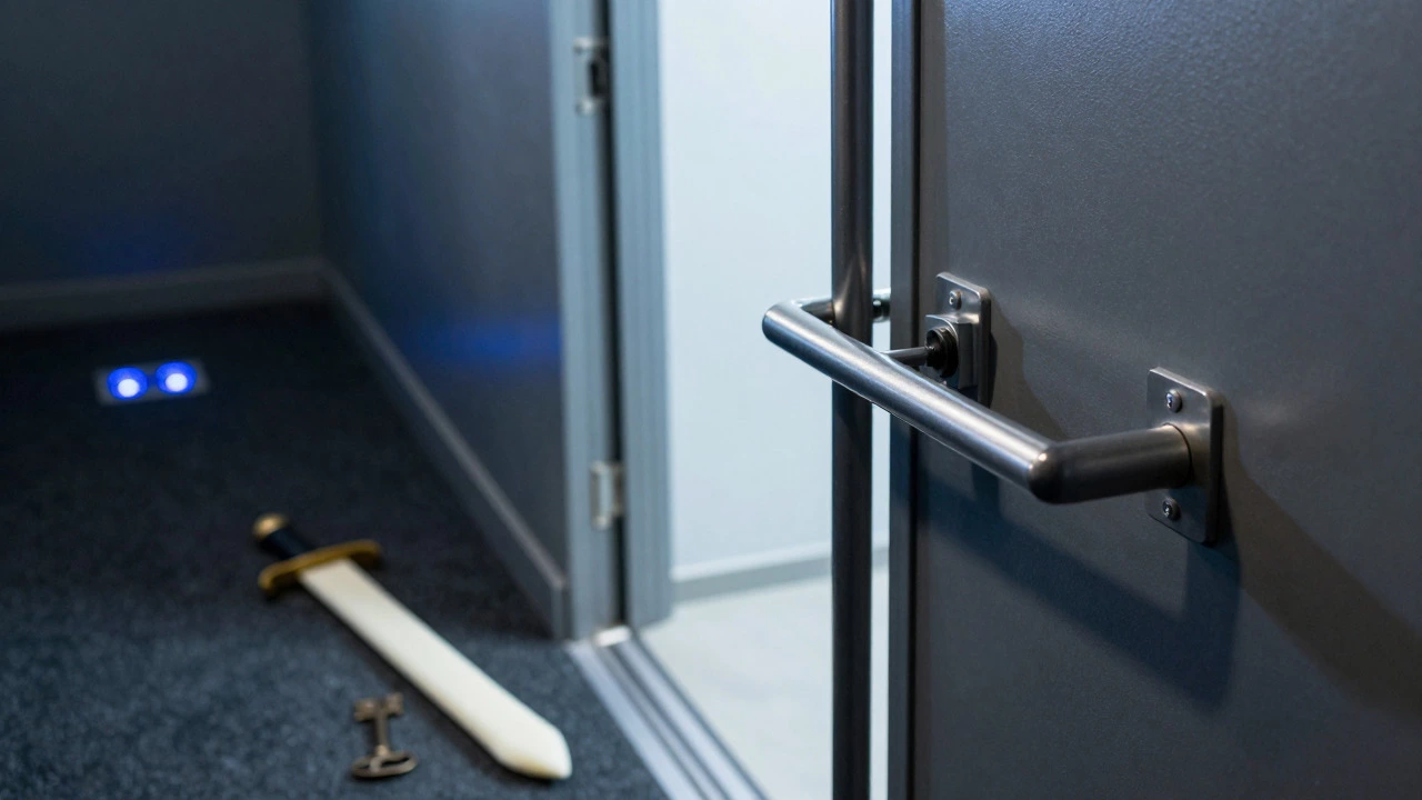 Panic bar on emergency exit and safety floor markers in dark room
