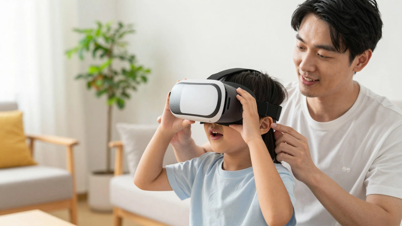 Parent helping child fit VR headset safely