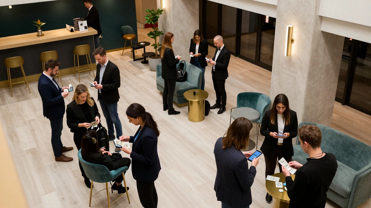 People gathering in an escape room lobby discussing costs and plans