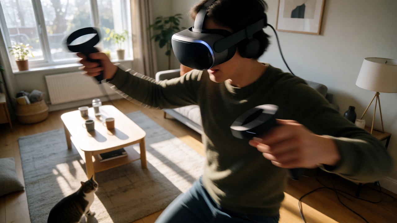 Person playing VR game in a living room risking collision with furniture