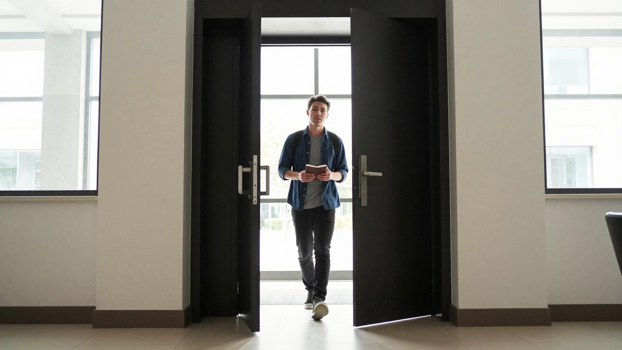 Person stepping out of an escape room into a bright lobby holding a journal