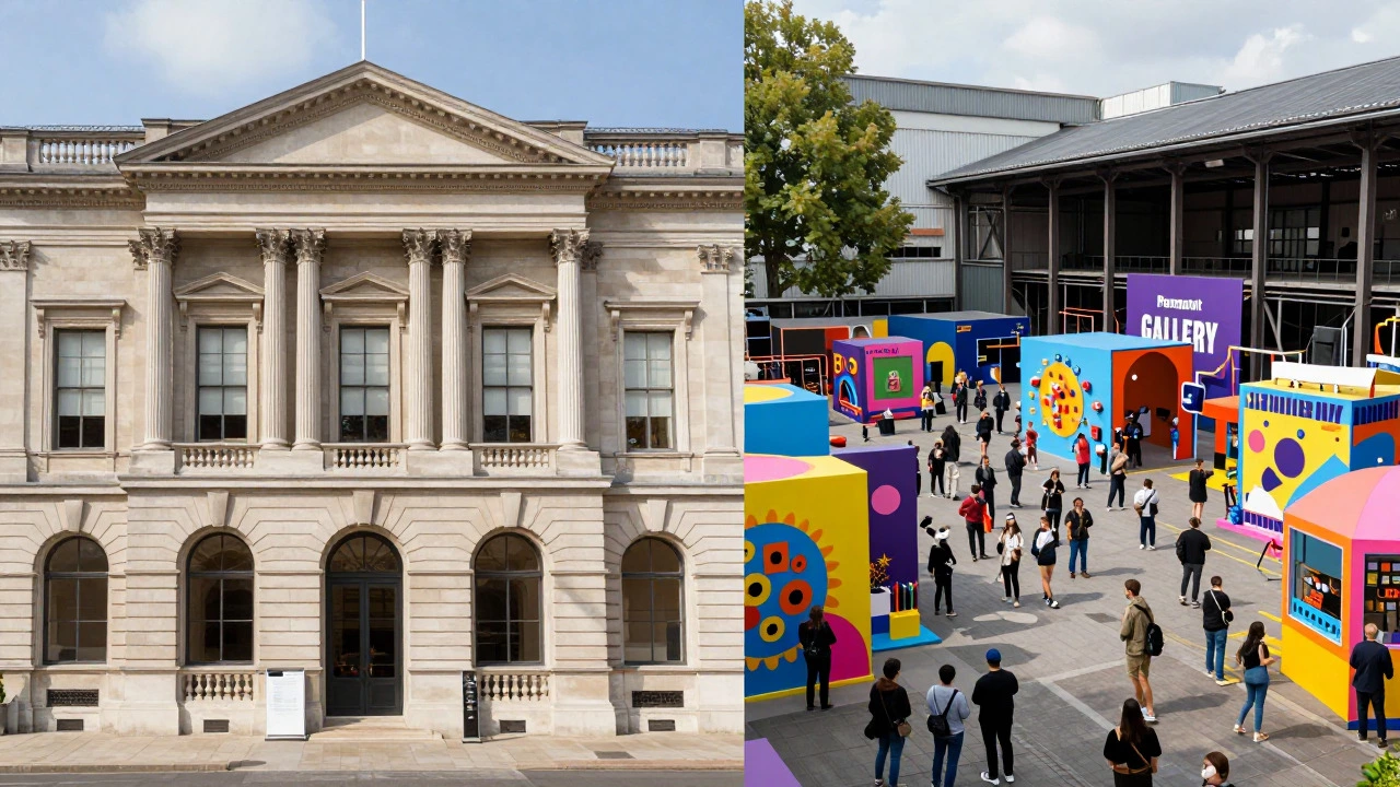 Split image showing a permanent gallery building versus a temporary pop-up art exhibition.