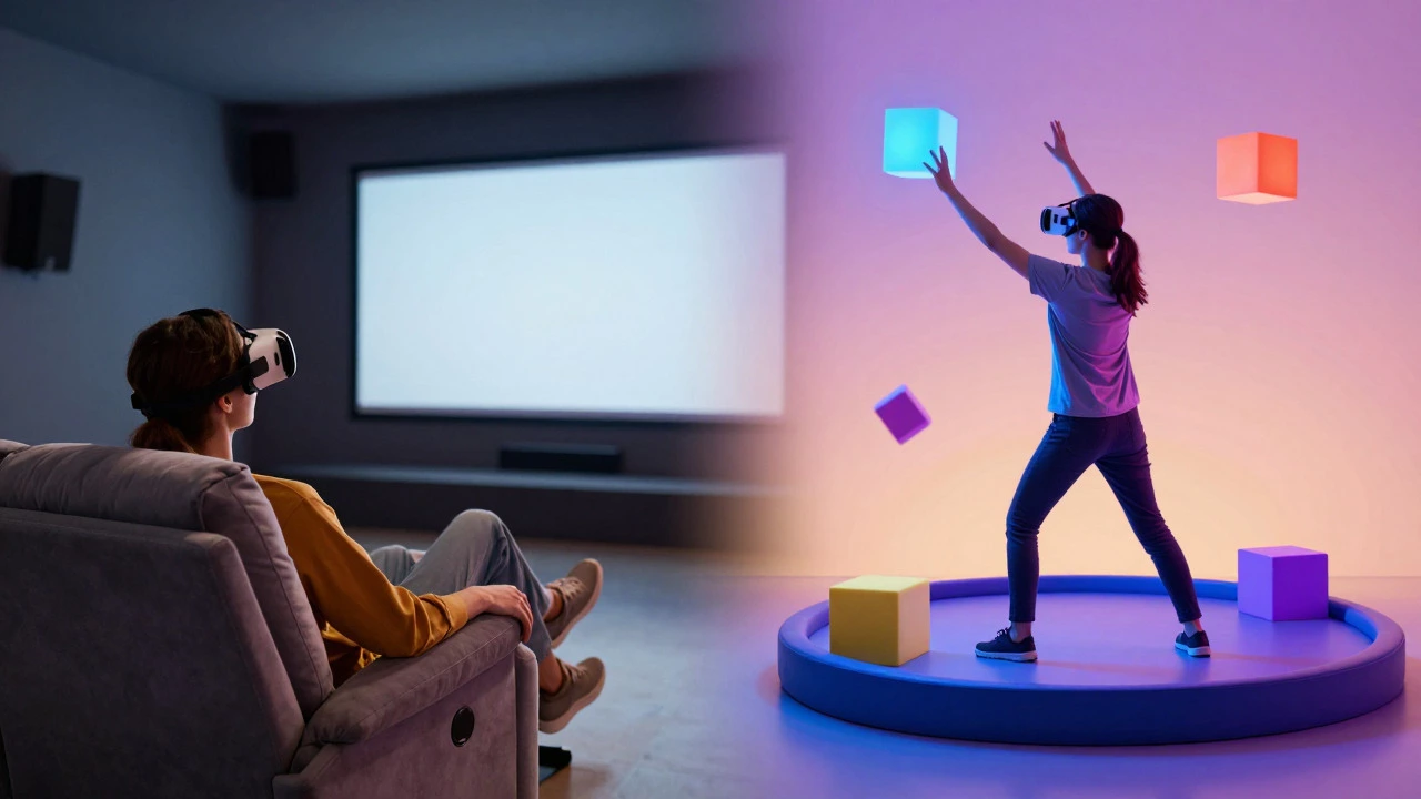 Split image showing a person relaxing in VR versus someone playing an active game