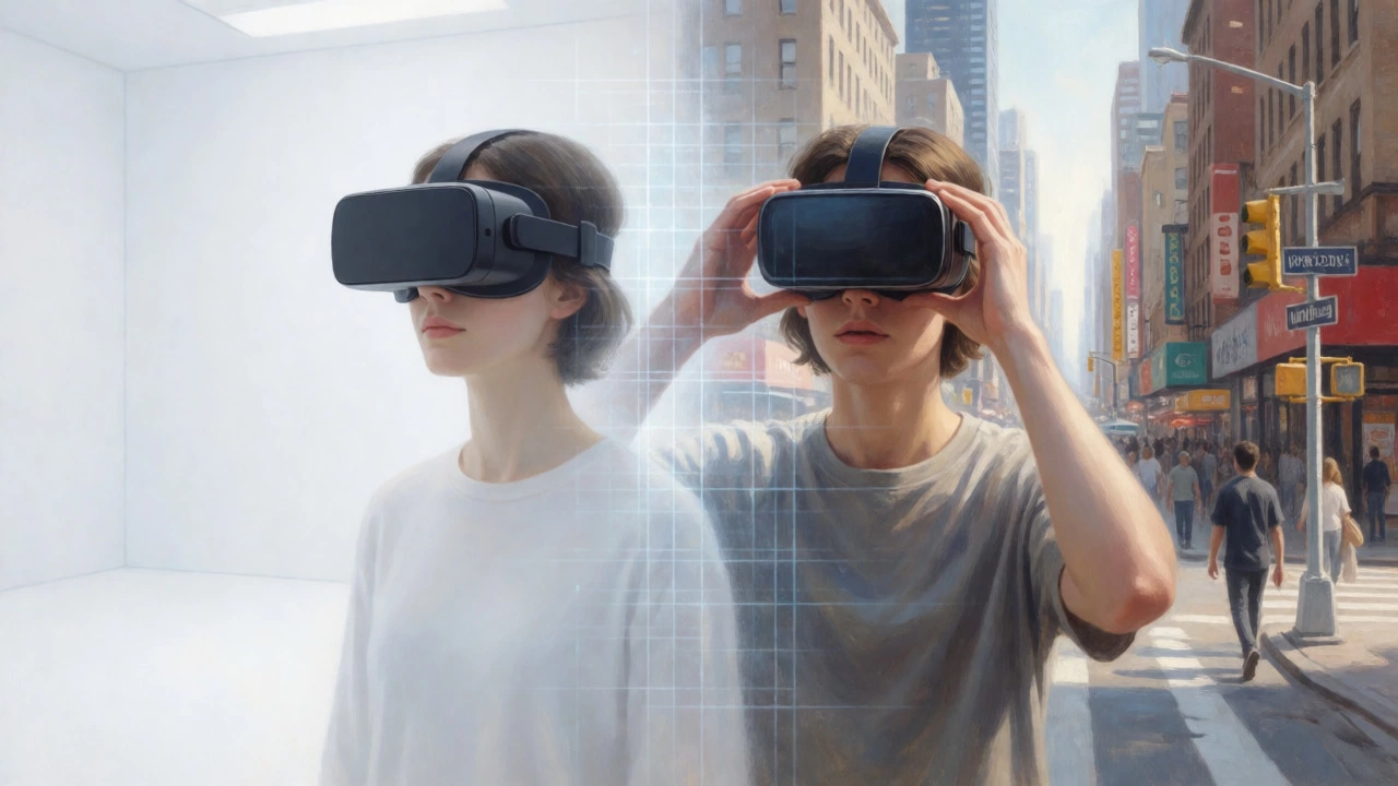 Split image showing VR immersion versus post-use derealization effects