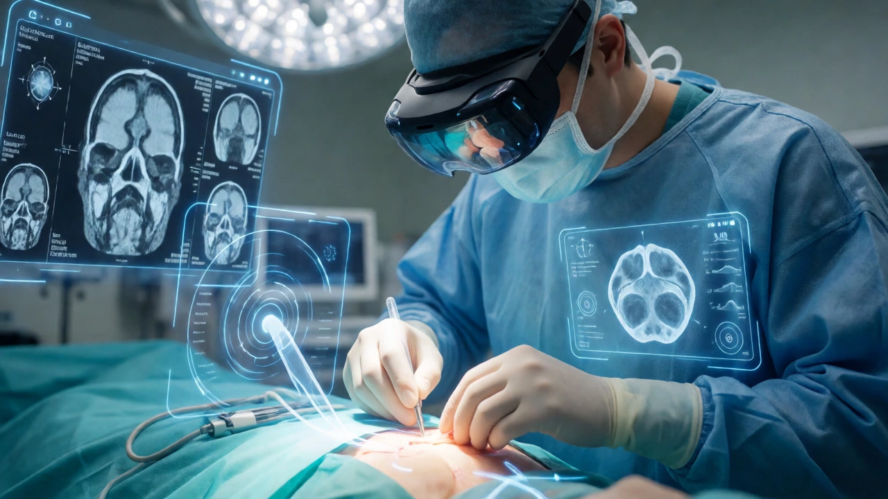 Surgeon using AR overlay during operation to visualize internal anatomy