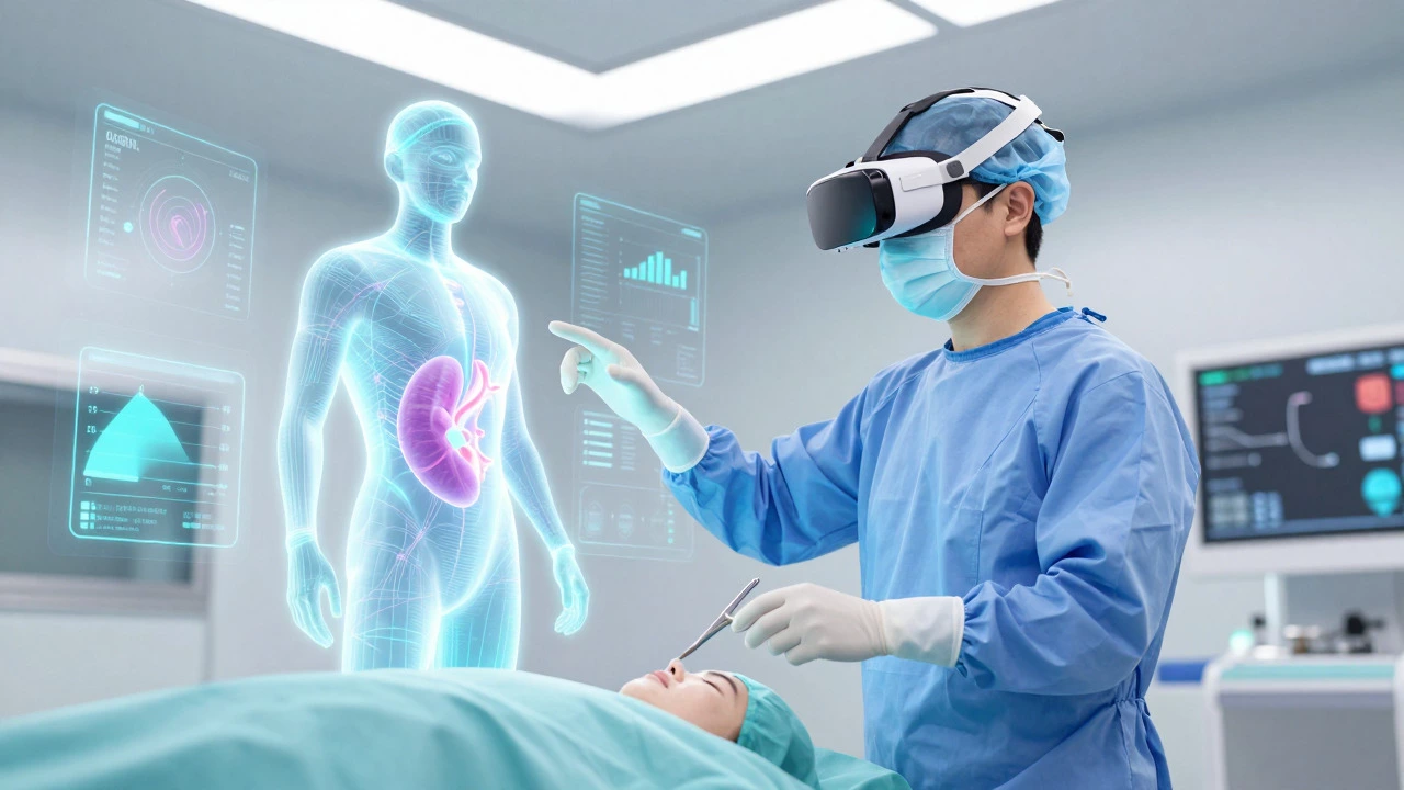 Surgeon using VR to practice on a holographic patient