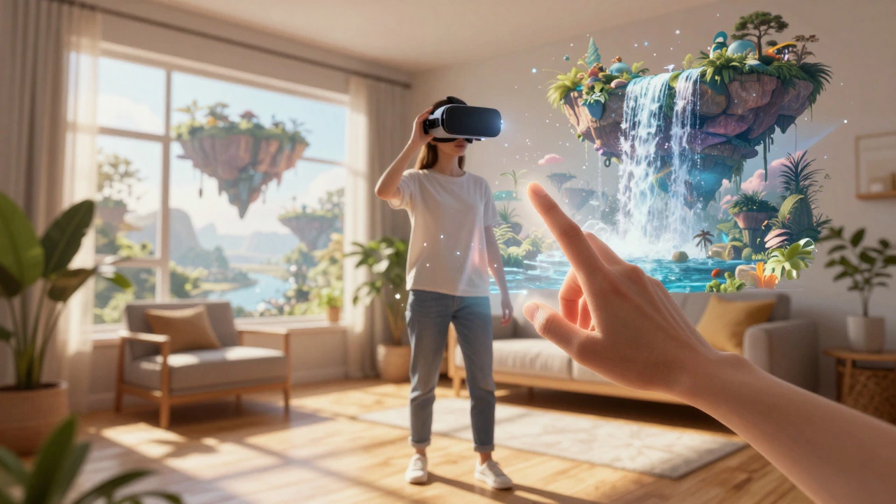 User blending real living room with virtual fantasy landscape