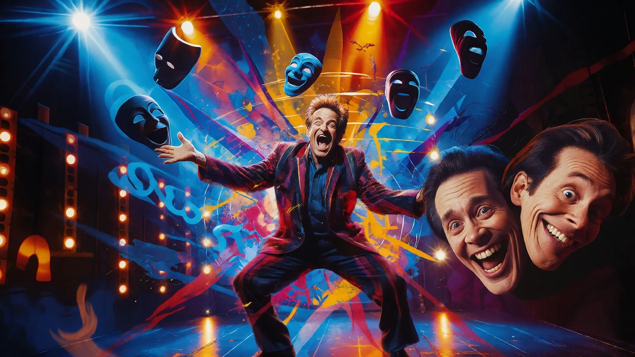 Abstract artistic depiction of energetic modern comedy icons