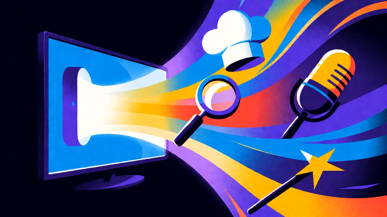 Abstract digital art of TV screens emitting colorful genre icons