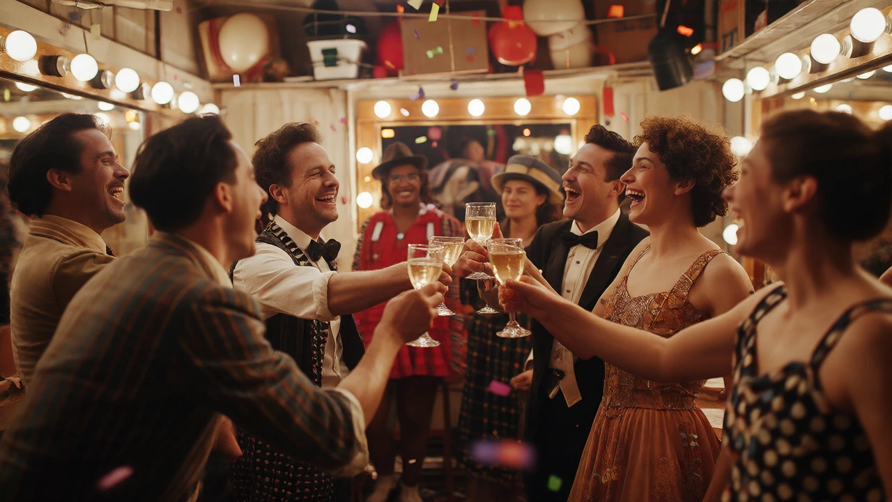 Cast celebrating opening night success with champagne in the green room