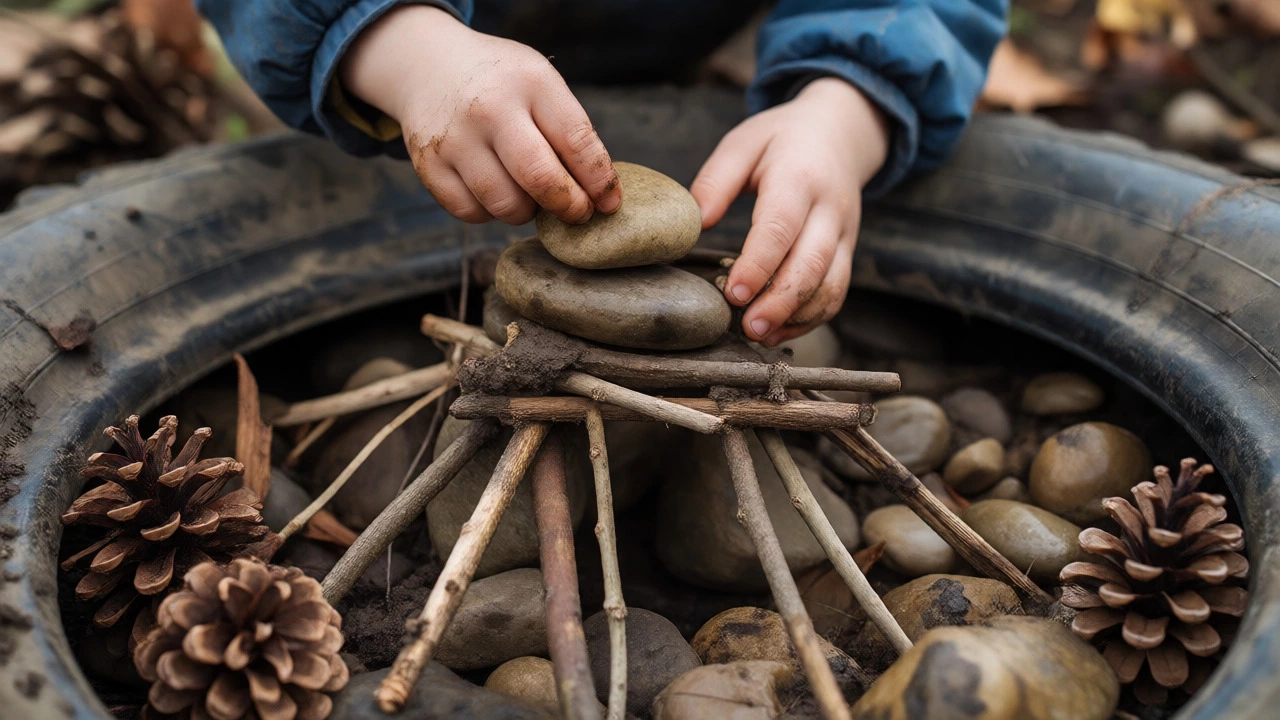 Close-up of muddy hands building a structure with stones and twigs, highlighting sensory and constructive play.