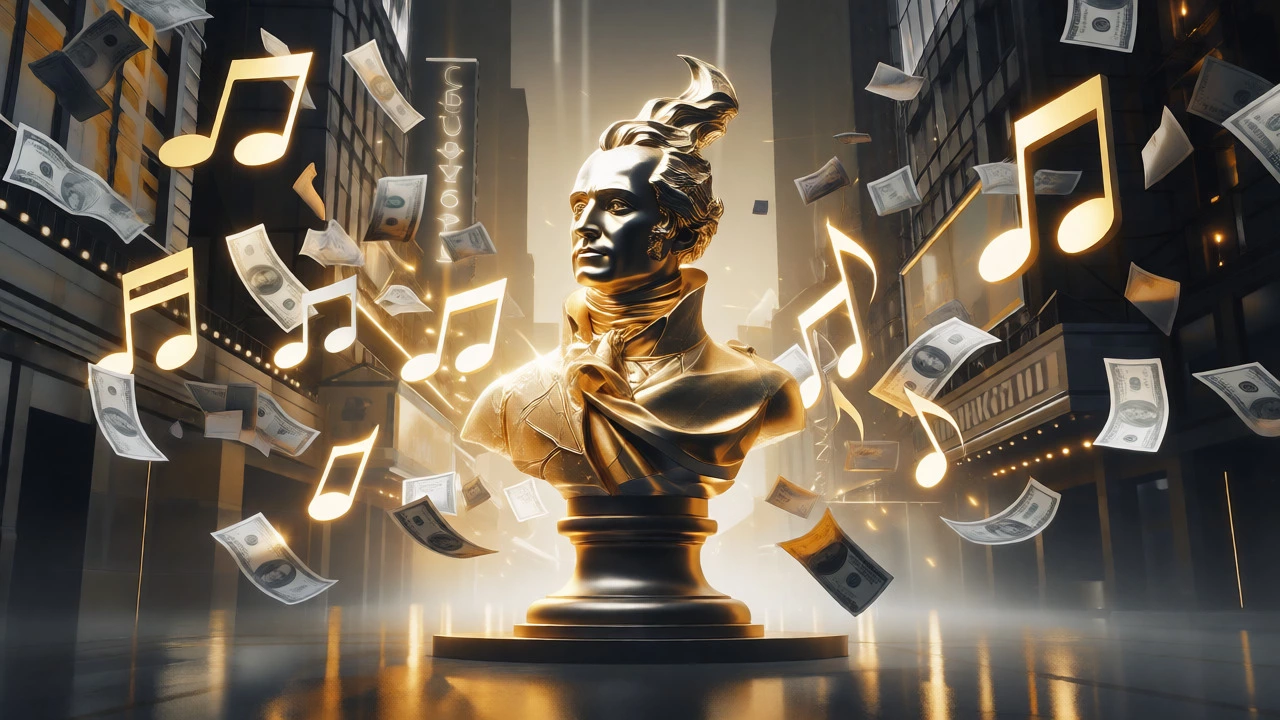 Conceptual gold bust of Alexander Hamilton surrounded by music and money symbols.