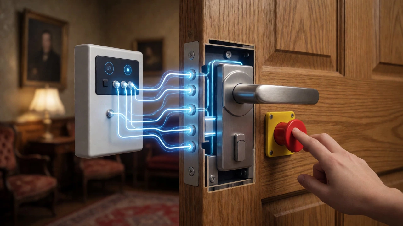 Cutaway diagram of a mag-lock door mechanism with an emergency release button.