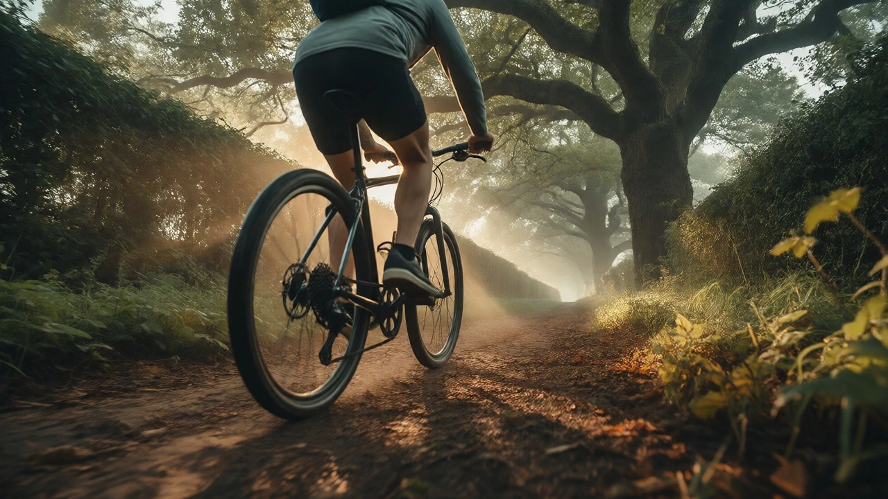 Cyclist riding through a misty park trail, showcasing green exercise.