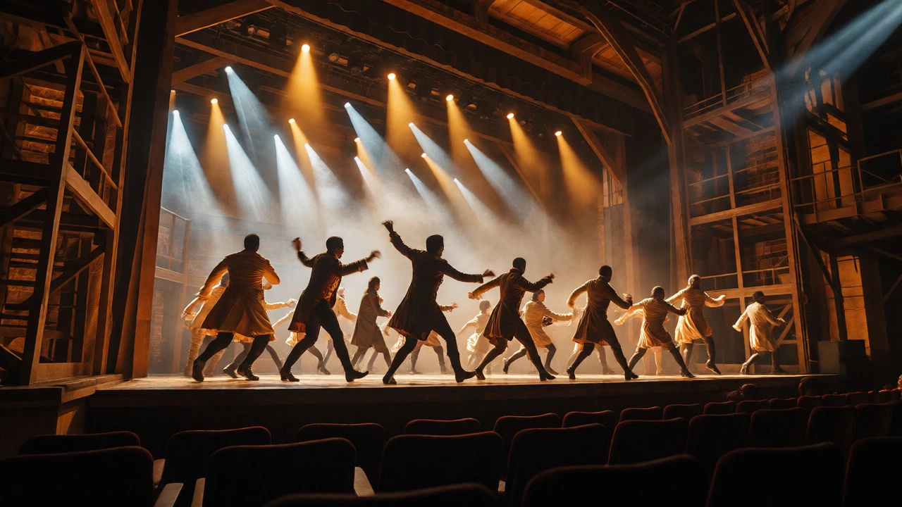 Dynamic stage view of Hamilton performers under bright theatrical spotlights.