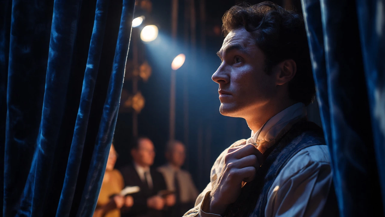 Focused actor waiting in the wings during a tense opening night performance