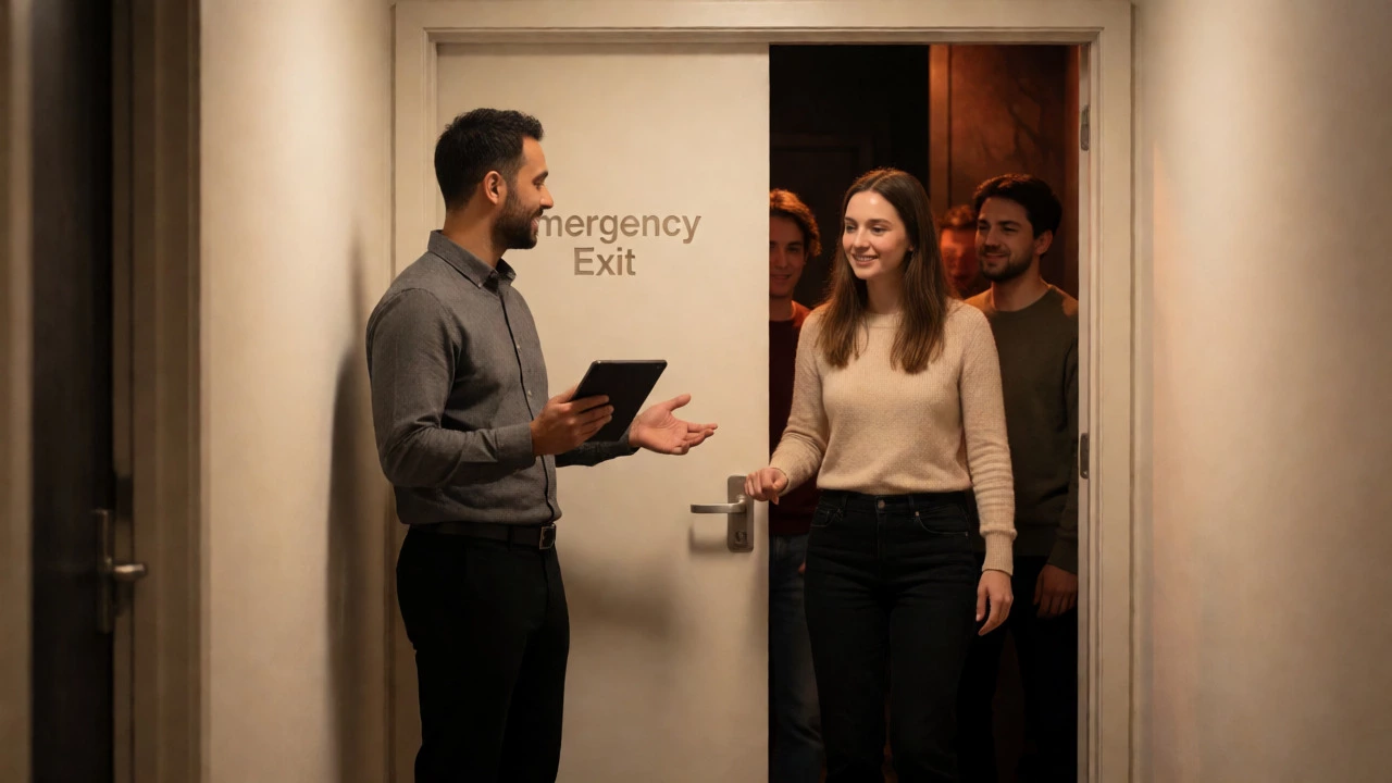 Game master assisting players exiting an escape room, emphasizing safety and support.
