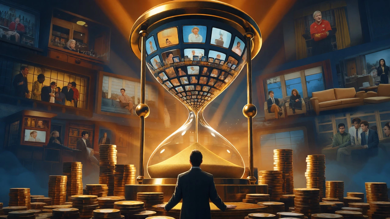 Golden hourglass filled with tiny TV screens and money, symbolizing the wealth of syndicated sitcoms.