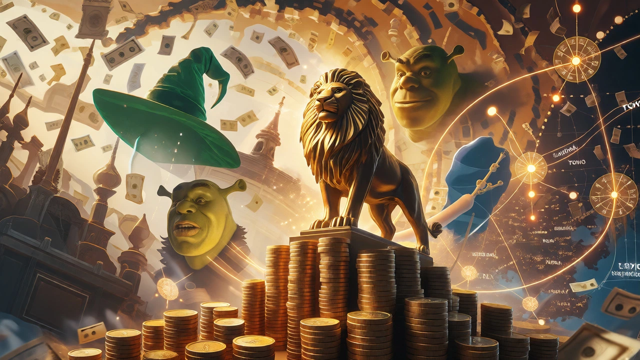 Golden lion statue surrounded by floating theatrical symbols and money