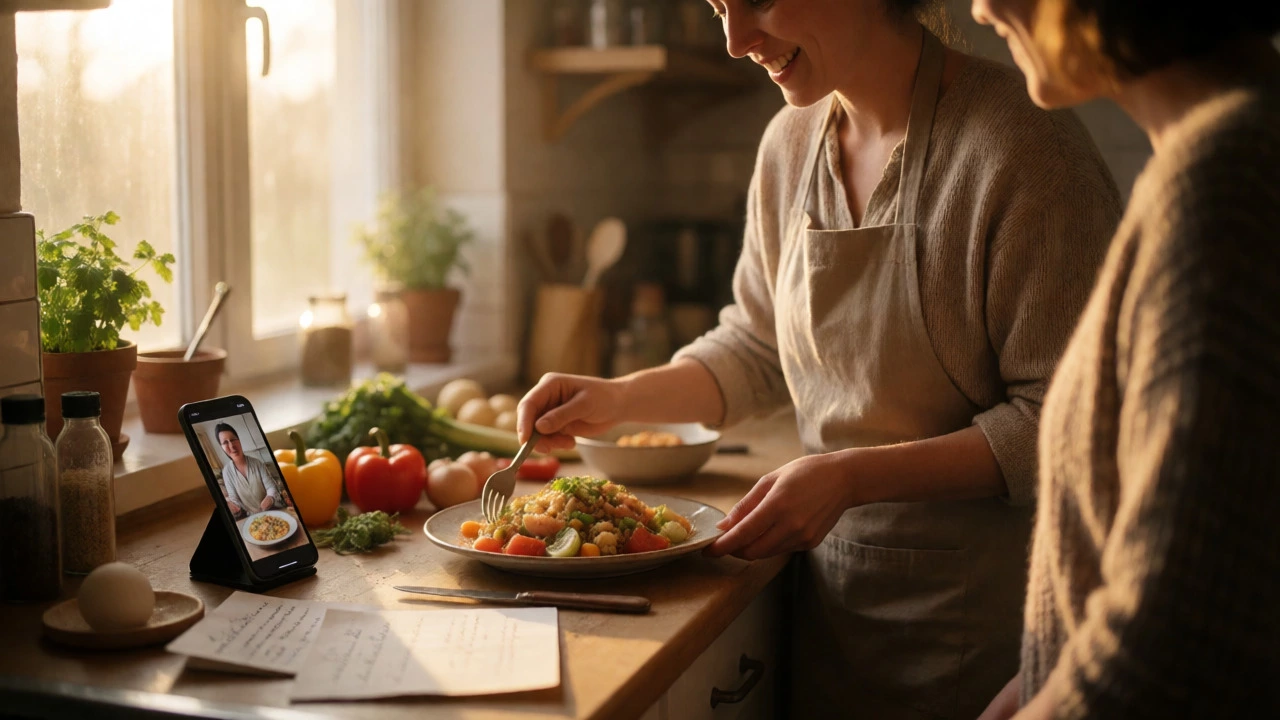 Home cook plating food warmly with friends using online tutorials as guidance.