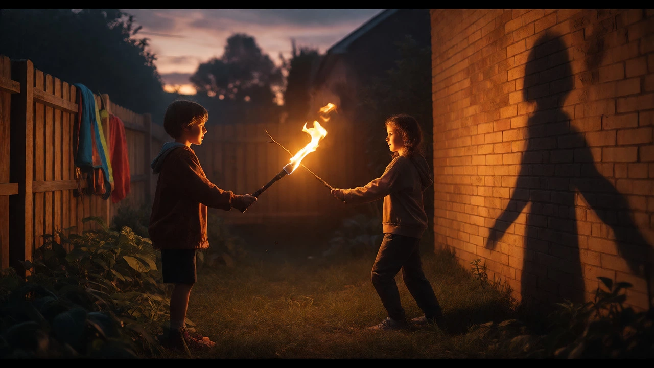 Kids playing with sticks as swords at dusk, illuminated by torches, demonstrating imaginative dramatic play.