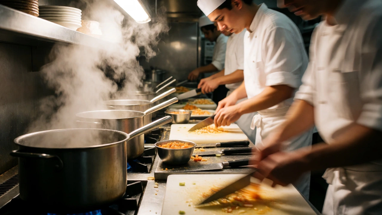 Line cook working rapidly in a steam-filled, high-pressure commercial kitchen.