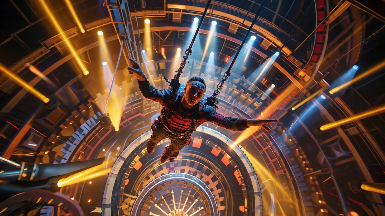 Performer performing an aerial stunt above an elaborate mechanical stage set