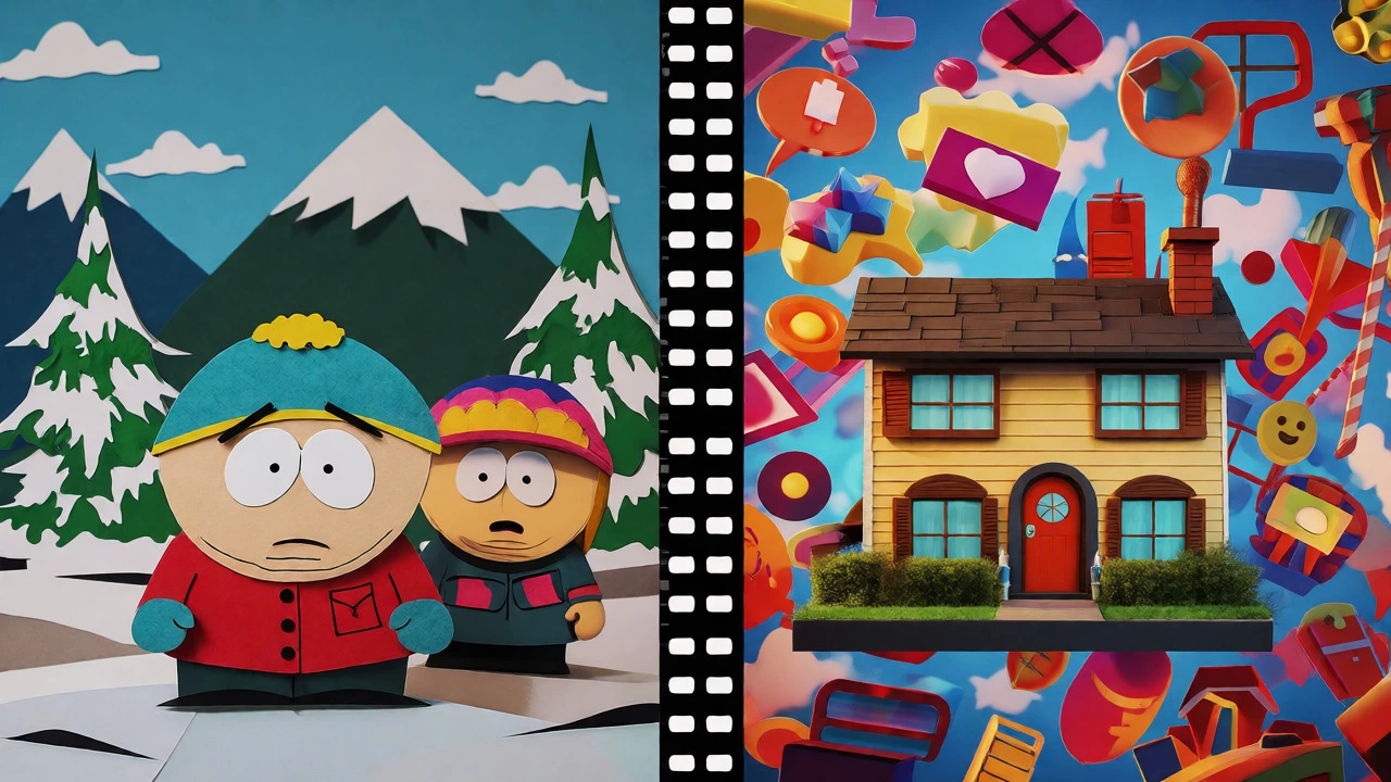 Split-screen art contrasting paper-cut animation styles with glossy 3D suburban aesthetics connected by film strips.