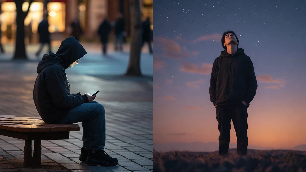Split view of someone using a phone versus stargazing in a square.