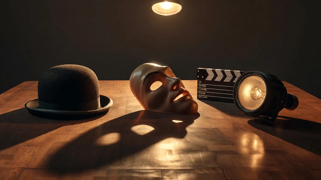 Still life of comedy memorabilia under dramatic spotlight