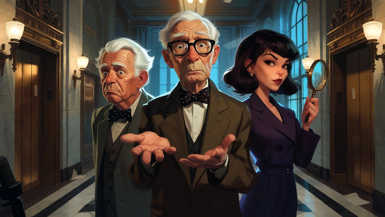 Three detectives investigating in a NYC apartment lobby
