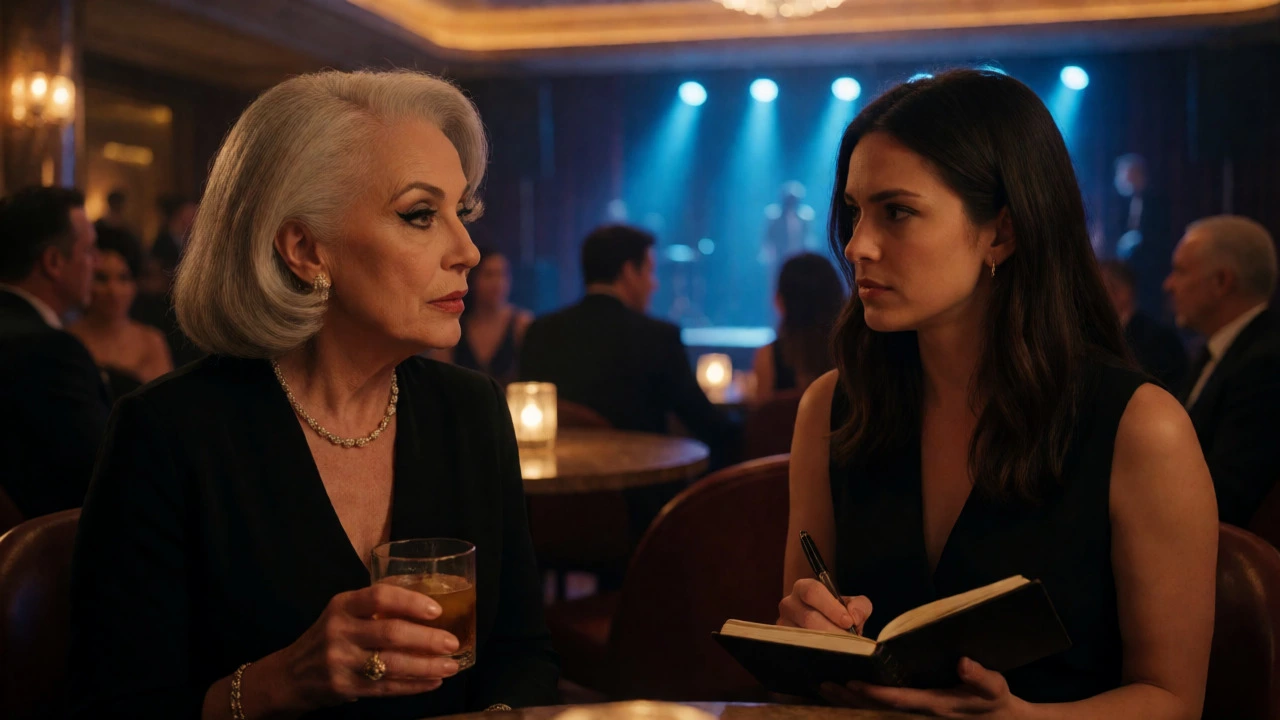 Two women conversing intensely in a dimly lit Las Vegas lounge