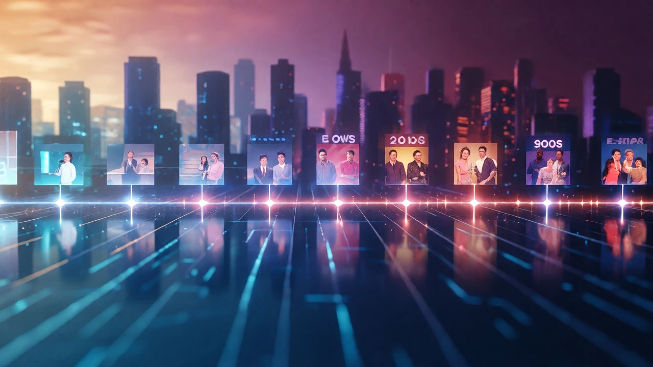 Abstract visualization of TV history with floating scenes along a glowing timeline