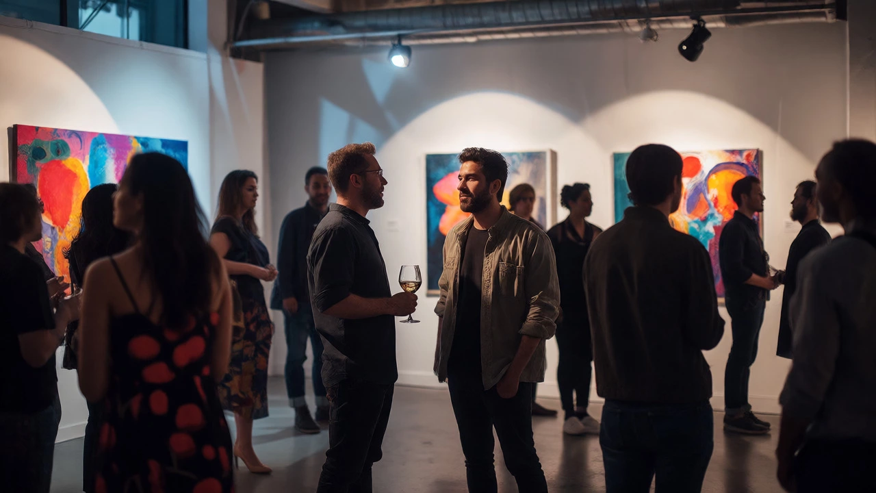 Artist networking with a curator at a gallery opening