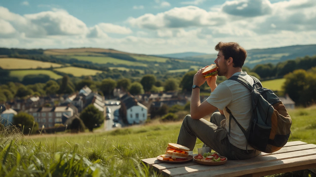 Backpacker enjoying a homemade picnic lunch in a scenic outdoor setting