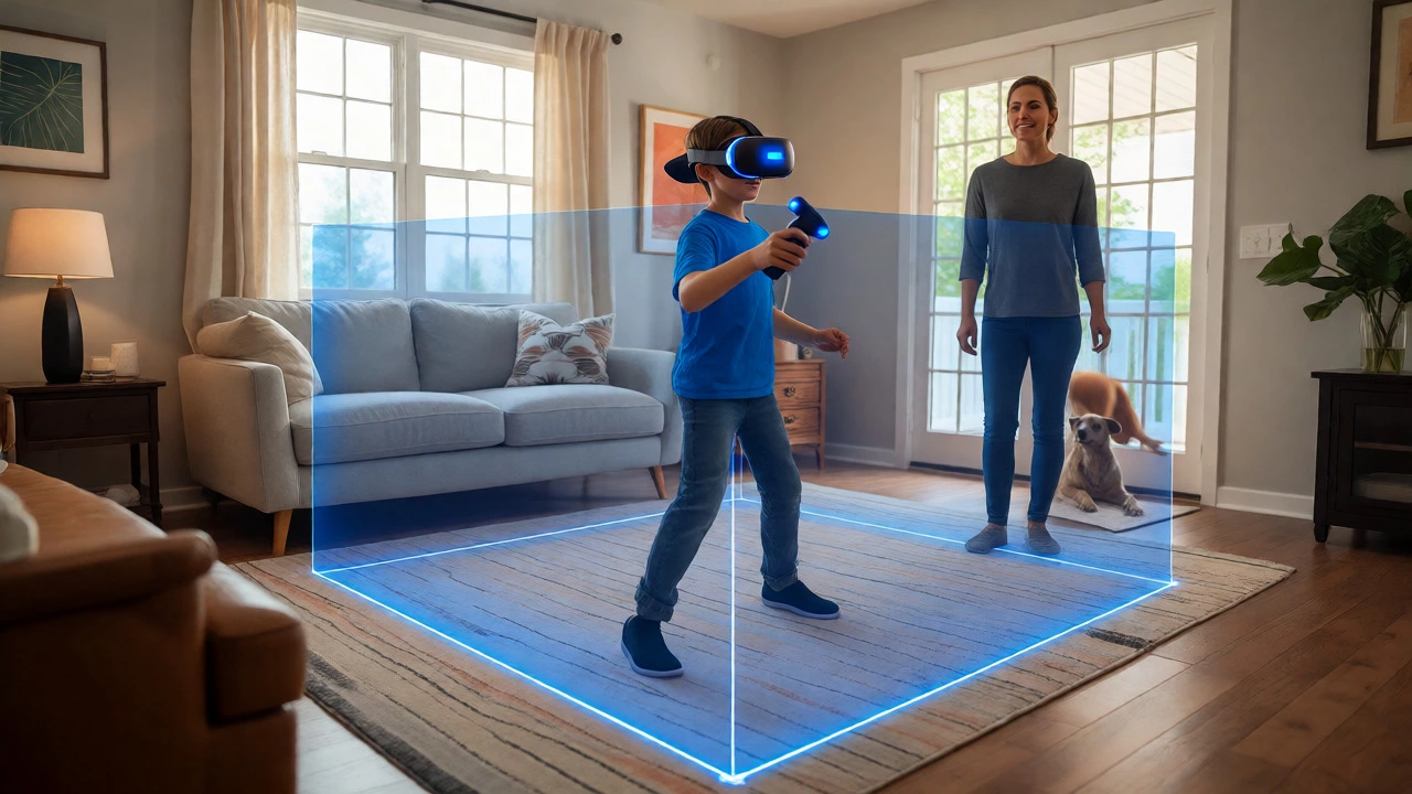 Child playing VR inside a supervised safe zone with virtual boundaries and a watching parent.