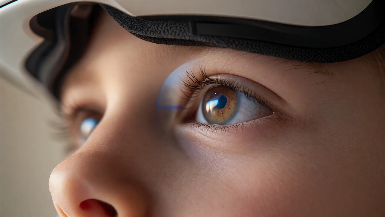 Close-up of a child wearing a VR headset, illustrating eye strain concerns.